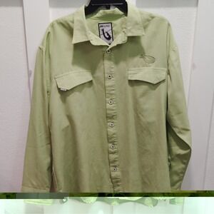 Mojo Men's XL Woven Solid Green Button-Up Shirt Long Sleeve Pockets Embroidered